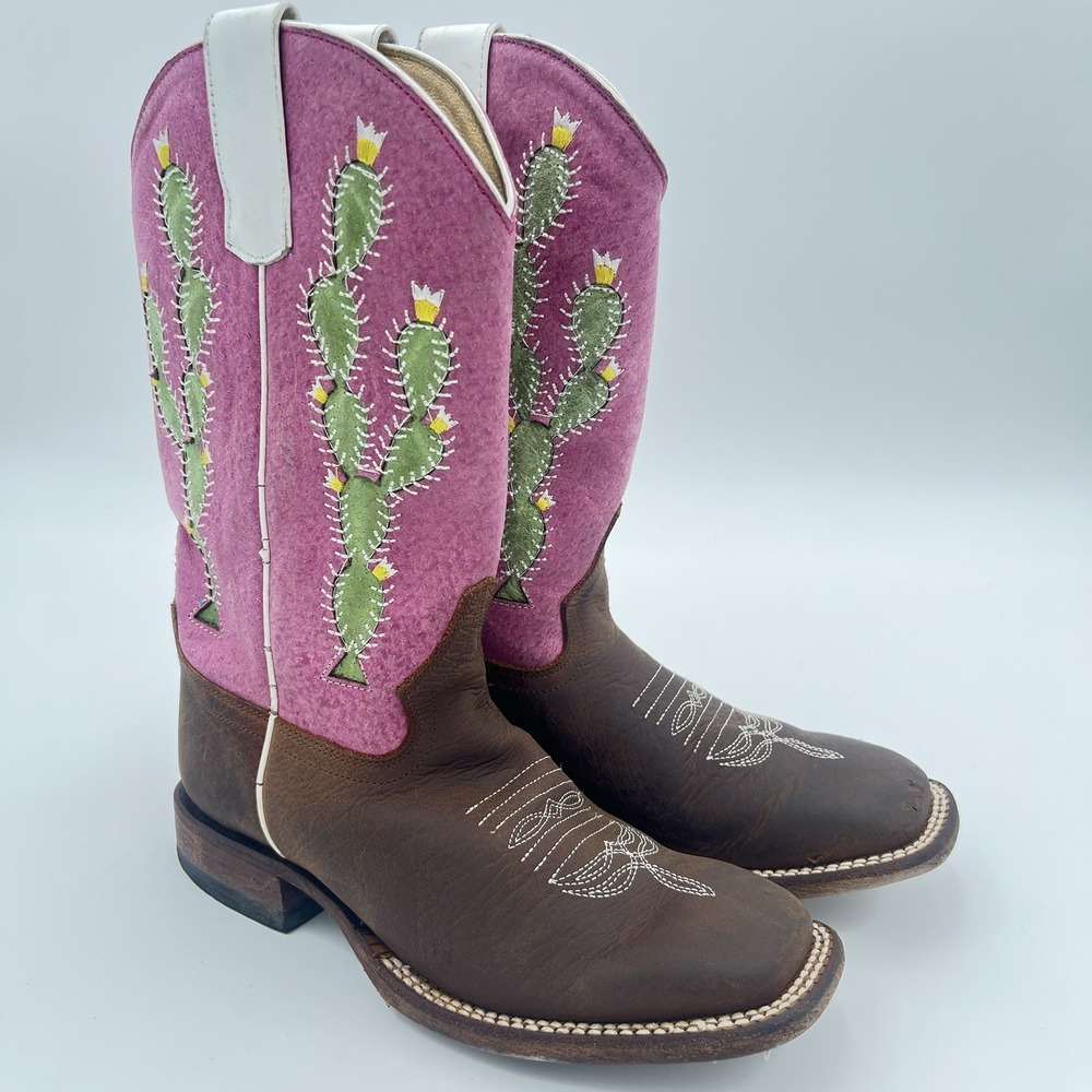Tony Lama Girls Cowboy Boots Brown Leather Pink Cactus Embroidered Western 2